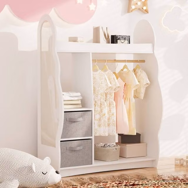 KEEPREAPER Modern White Kids Wardrobe with Mirror, Integrated Drawers and Storage Shelf