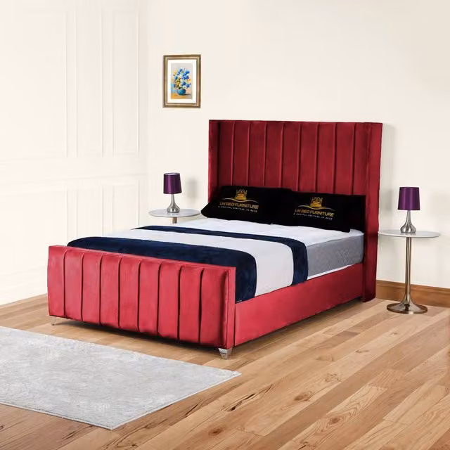 UK Bed Furniture Empire Winged Slatted Upholstered Velvet Bed in Red, W/D/H: 180 x 200 cm
