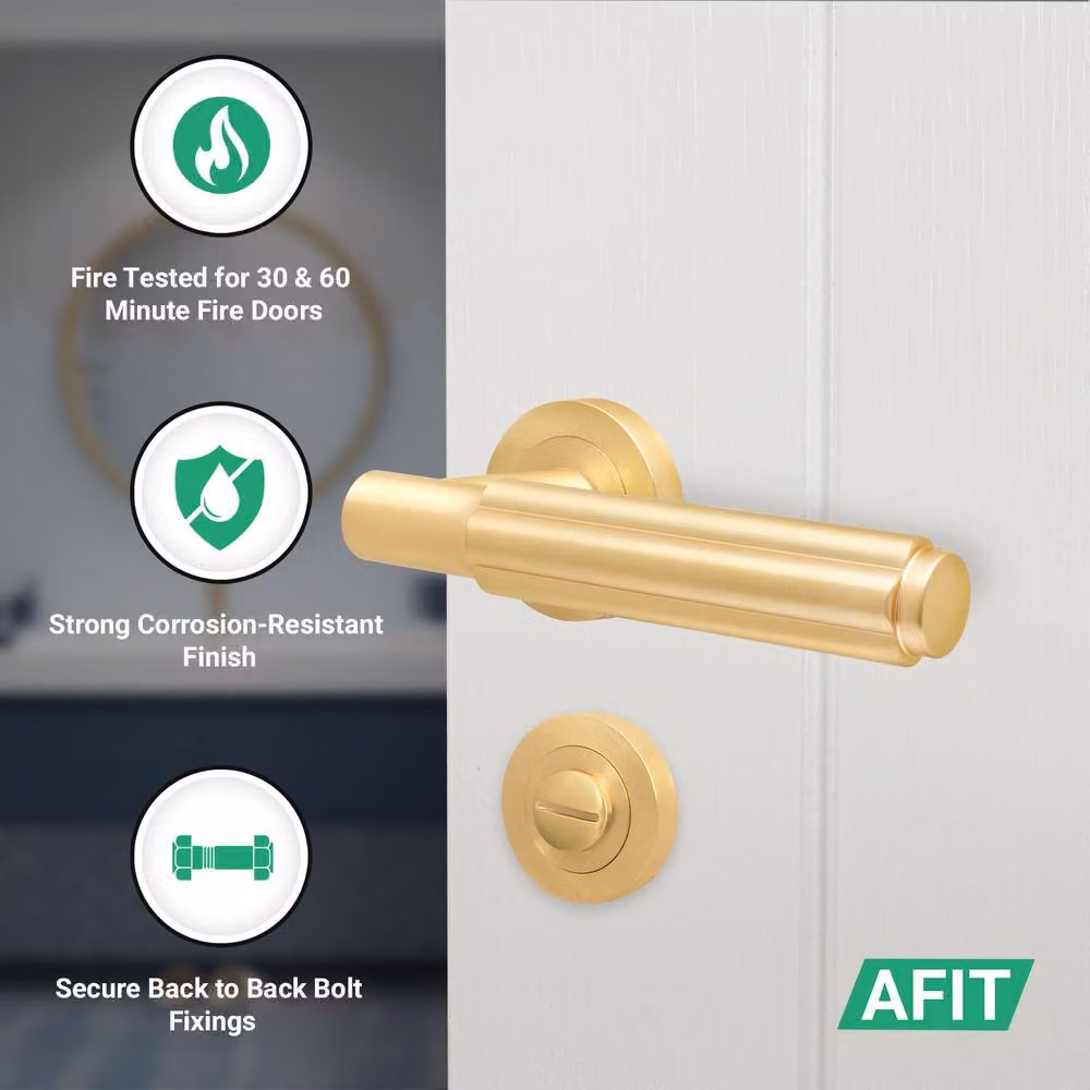 AFIT Gold Brass Fire Door Handle and Bathroom Lock Set with Hinges – 2