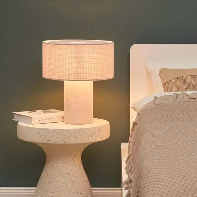 Wyld and Coco Grey Bedside Lamp with Fabric Drum Shade – 1