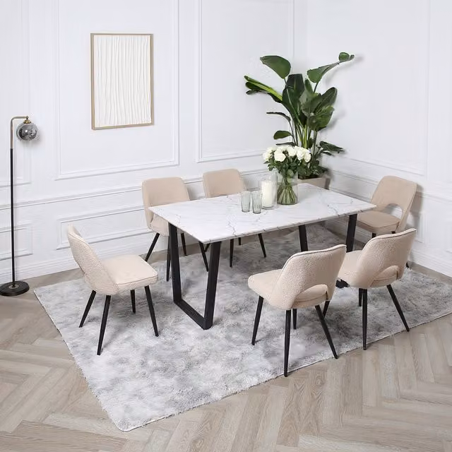 Home Garden Direct Marble Dining Table Set with 6 Thetis Boucle Chairs in White and Neutral