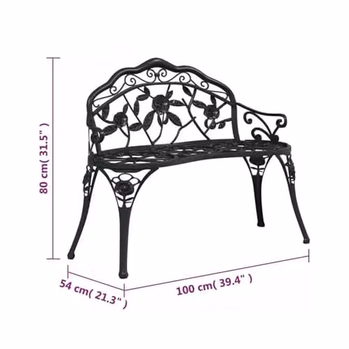 Home Source Rose Garden Bench 2 Seater in Black, Classic Floral Metal Design, W/D/H: 100 x 59 x 80 cm – 2