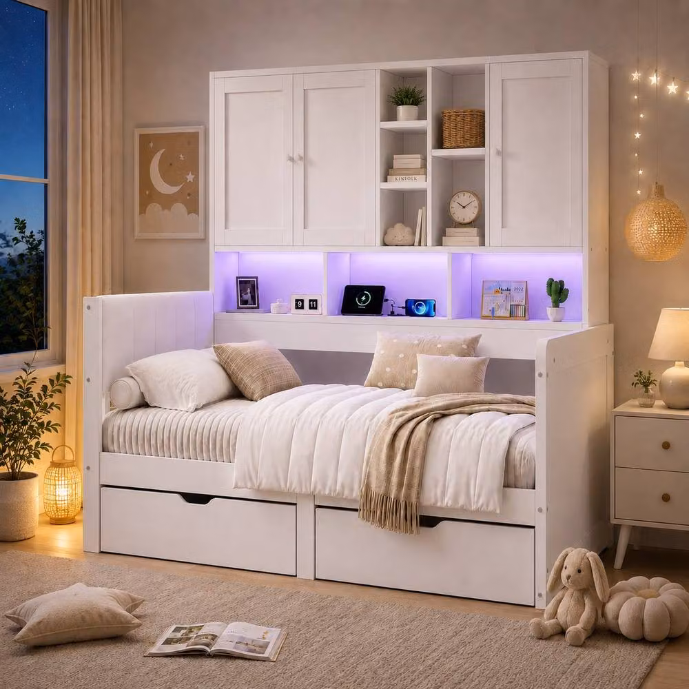 Merax White Single Cabin Storage Bed with Overbed Cabinets and Drawers, W/D/H: 90 x 190 x 114.5 cm – 2