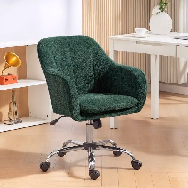 HOMCOM Modern Snow Flannel Task Chair in Dark Green with Armrests and Castors – 1