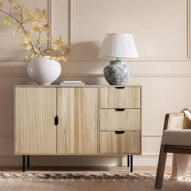 OHS Modern Ribbed Sideboard Cabinet with Drawers and Shelves in Light Oak