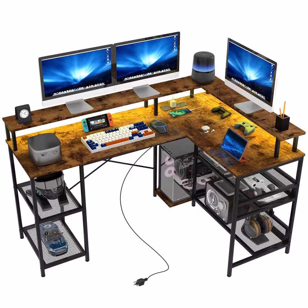 Rolipo L-Shaped LED Gaming Computer Desk with Shelves in Brown – 2