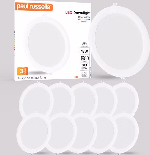 Paul Russells 18W Round Recessed LED Downlight, 1980lm, 4000K Cool White, White, Diameter: 260 mm