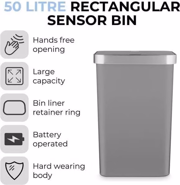 Tower 50L Rectangular ABS Sensor Bin in Grey, W/D/H: 63.5 x 26.0 x 26.0 cm – 1