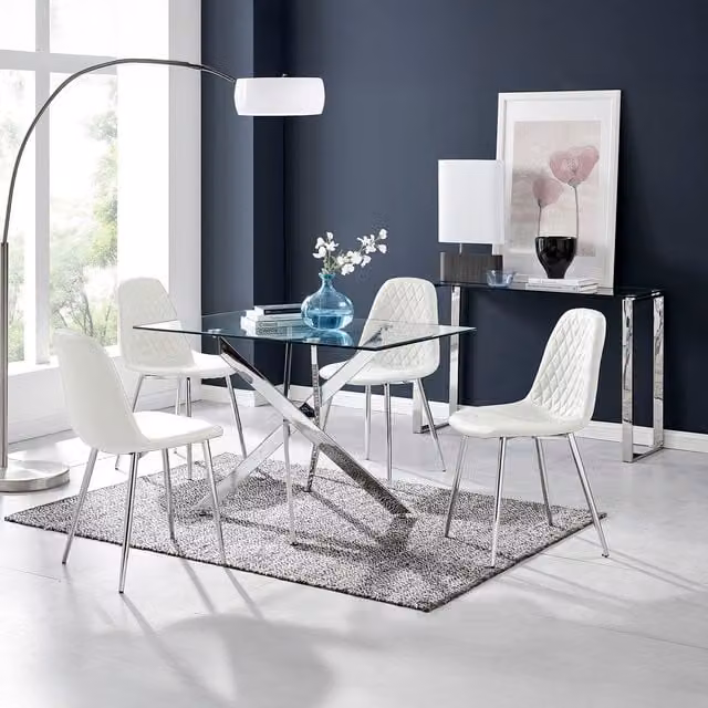 FurnitureboxUK Metal Dining Table with 4 Corona Silver Chairs Set, White and Silver Glass Top