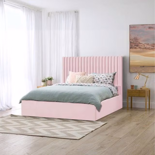 Desire Deco Indigo Storage Bed in Pink Velvet Fabric, W/D/H: 200 x 200 cm
