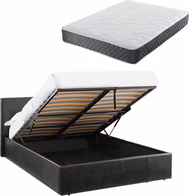 Luna 3ft Single Ottoman Bed in Black Faux Leather with Hybrid Spring and Foam Mattress, W: 90 cm, L: 190 cm