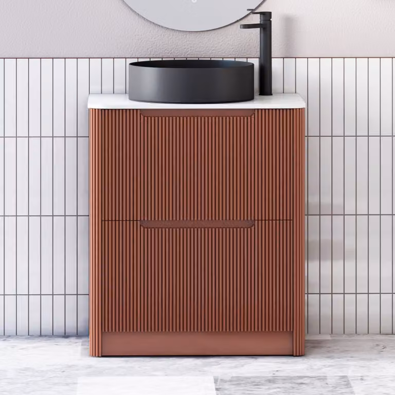 Royal Bathrooms Avenza 600mm Terracotta Clay Floor Standing Vanity Unit with 2 Drawers, Plain White Worktop and Art Round Black Basin