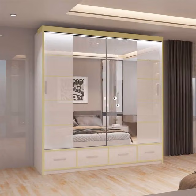 MN Furniture High Gloss Sliding Mirror Wardrobe with LED Lighting and Integrated Drawers, White, W: 203 cm, H: 220 cm