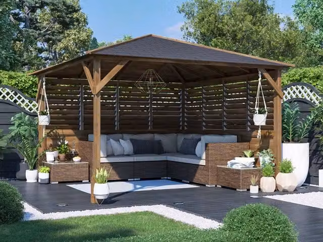 Dunster House Utopia Wooden Gazebo Kit in Brown with Louvre Wall and Black Bitumen Shingles, W: 300 cm, D: 300 cm, H: 185 cm – 1
