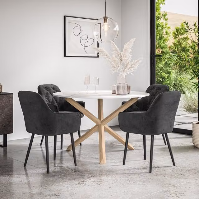 More4Homes Malvern Round Marble Effect Dining Table Set with Oak Legs and 4 Black Anika Velvet Chairs