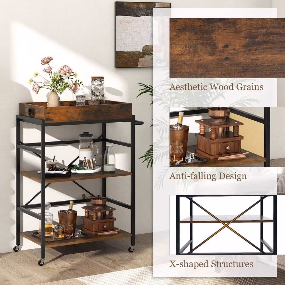 VOGREX Industrial 3-Tier Metal Bar Cart Serving Trolley in Brown with Lockable Casters – 3