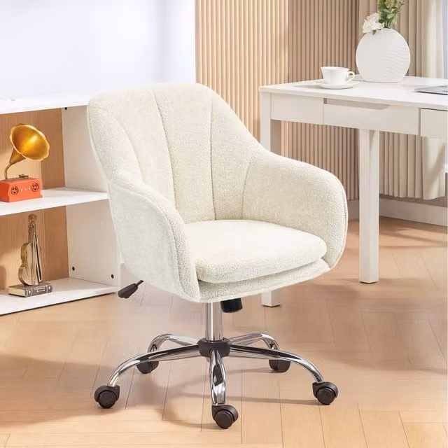 HOMCOM Modern Beige Bouclé Fabric Task Chair with Armrests for Home Office