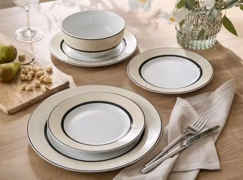 Waterside 12-Piece Beige Striped Porcelain Dinner Set – 1