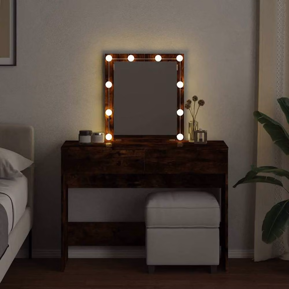 Berkfield Home Modern Dressing Table with LED in Smoked Oak Brown, W/D/H: 100 x 40 x 130 cm – 3