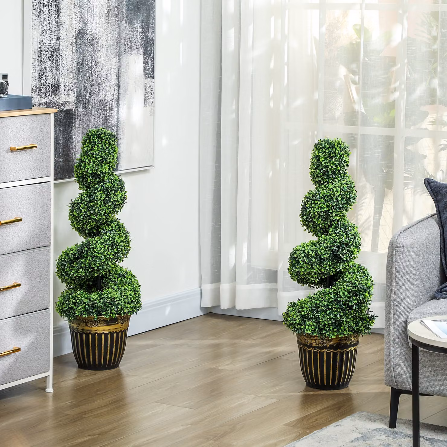 HOMCOM Set of 2 Green Artificial Topiary Spiral Boxwood Trees with Pots, Height: 90 cm – 2