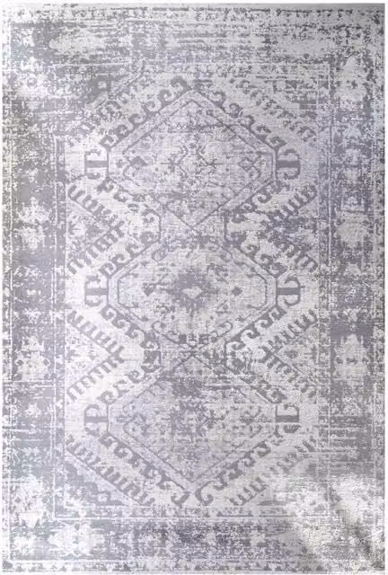 Kukoon Silver Grey Geometric Medallion Bordered Rug in Mid Grey, W: 60 cm, L: 110 cm