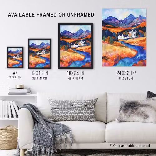 Artery8 Glencoe Mountain Cottages Scottish Landscape Framed Wall Art Print, Multicolour, W: 21.0 cm, H: 29.7 cm – 3