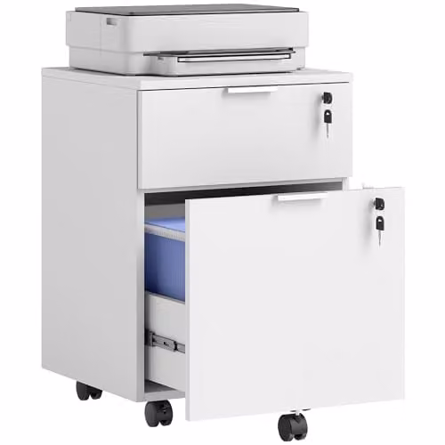 HOMCOM 2 Drawer Mobile Filing Cabinet with Lock and Castors in White