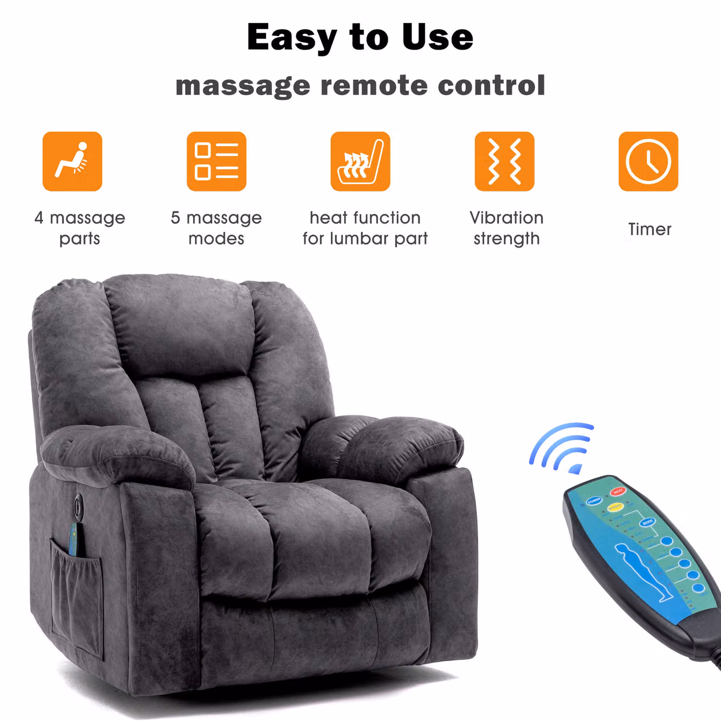 Aosom Grey Power Lift Electric Recliner Chair with Heat, Vibration, USB Ports and Side Pockets, W/D/H: 100 x 95 x 105 cm – 6