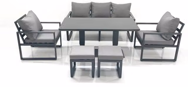 Fimous Outdoor Aluminium Garden Furniture Set in Dark Grey with Adjustable Rising Dining Table, 3-Seater Sofa, 2 Chairs and 2 Footstools