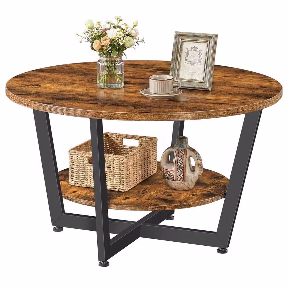 FLAVORA Round Industrial Coffee Side Table in Brown with X-Frame and Wood Serving Tiers – 4