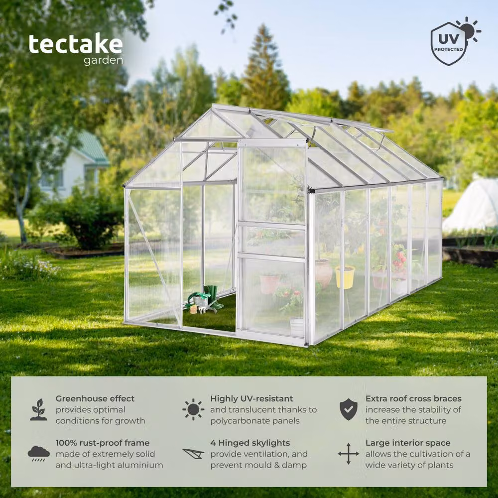 tectake Aluminium Polycarbonate Greenhouse with Sliding Windows in Transparent, W/D/H: 375 x 185 x 195 cm – 2