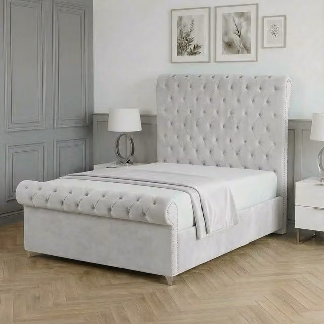 Living Comfort Bedz Regency Sleigh Slatted Base Upholstered Velvet Bed in White, Size: 140 x 200 cm