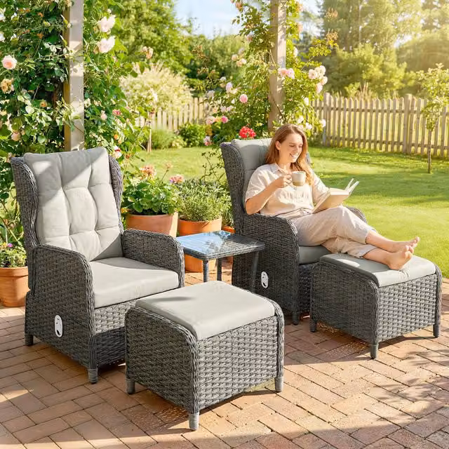 Outsunny Rattan Sun Lounger with Adjustable Headrest and Weatherproof Cushions in Beige and White