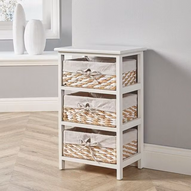 Home Source Norfolk 3 Wicker Basket Drawer Chest Storage Unit in White