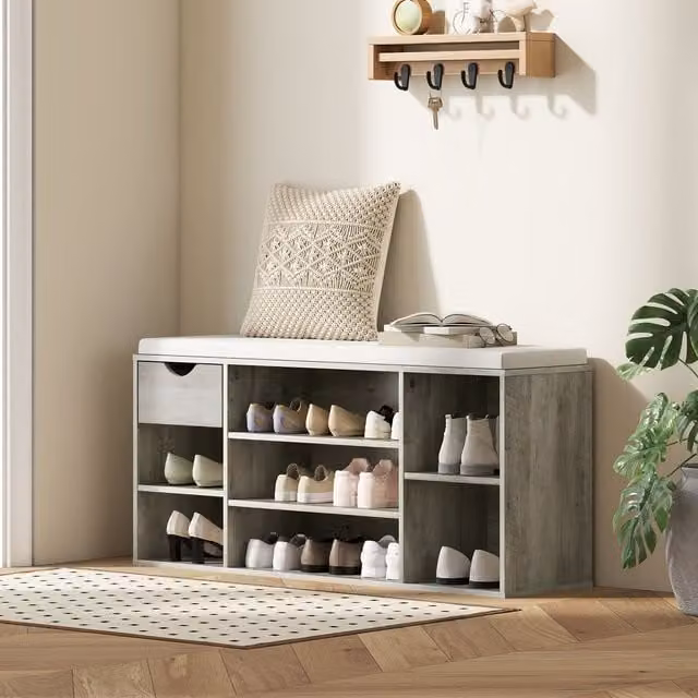 HOMCOM Shoe Storage Cabinet Bench with Cushion and Adjustable Shelves in Grey