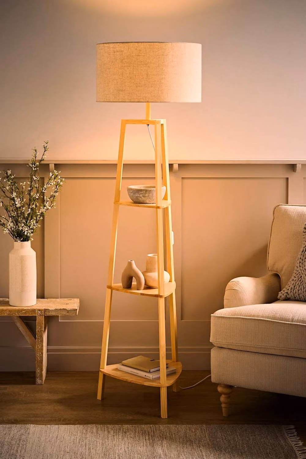 ValueLights Hiru 3 Tier Wooden Floor Lamp with Large Fabric Drum Shade and Bulb in Natural Wood and Beige – 2