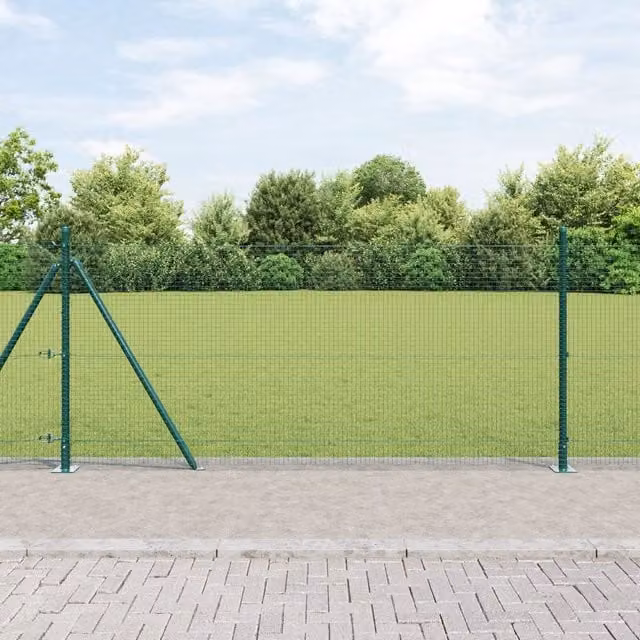 Berkfield Home Green Powder-Coated Galvanised Steel Welded Wire Fence with 13 Round In-Ground Flanged Posts, 1 x 50 m – 1