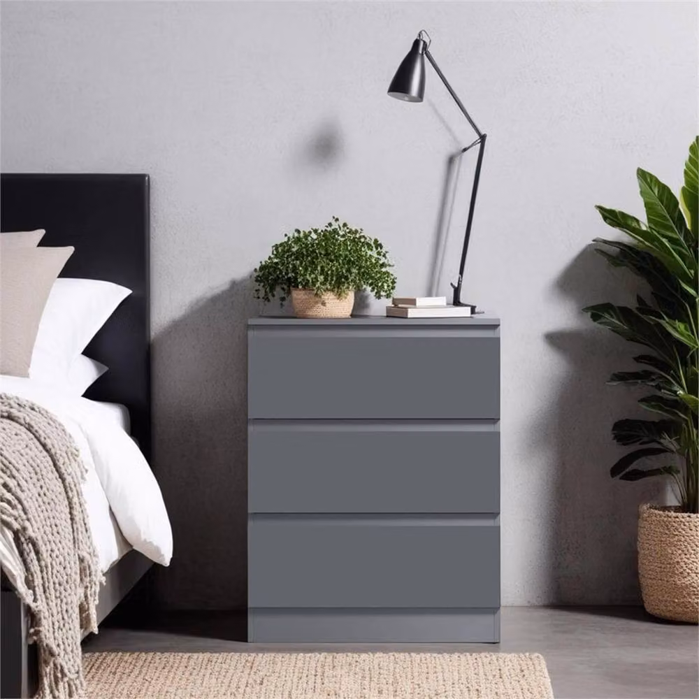 FLAVORA Scandinavian Matt Grey Handleless 3 Drawer Bedside Chest – 3