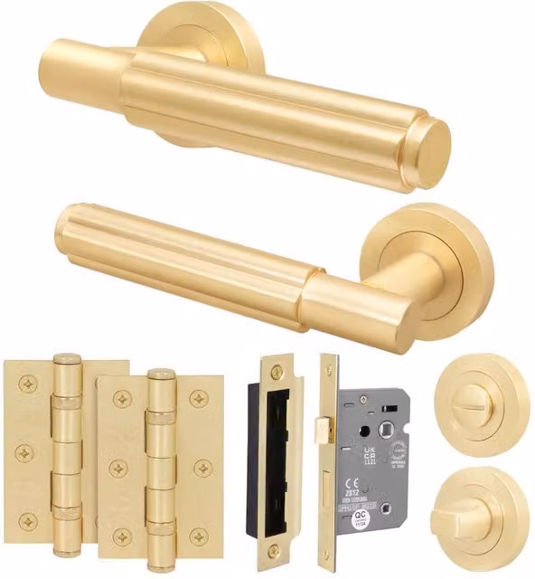 AFIT Satin Brass Bathroom Door Handle Set with Lock and Hinges in Gold