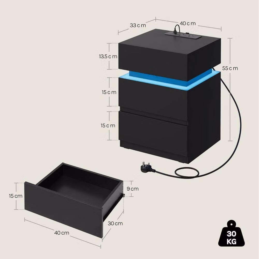 FORGEVIO Modern Black Bedside Table Nightstand with 2 Drawers and Integrated Charging Station – 2