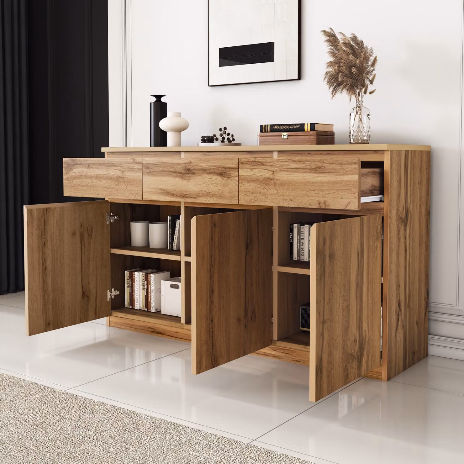 Aosom.UK Farmhouse Oak Buffet Cabinet with 3 Drawers and 3 Doors, Brown, W: 135 cm, D: 40 cm, H: 81 cm – 6