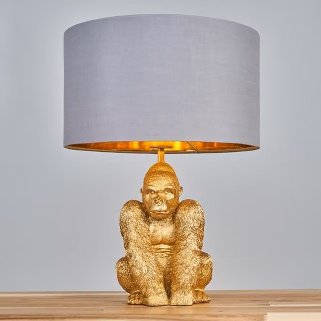ValueLights Sitting Gorilla Table Lamp in Gold/Brass, Height: 48 cm