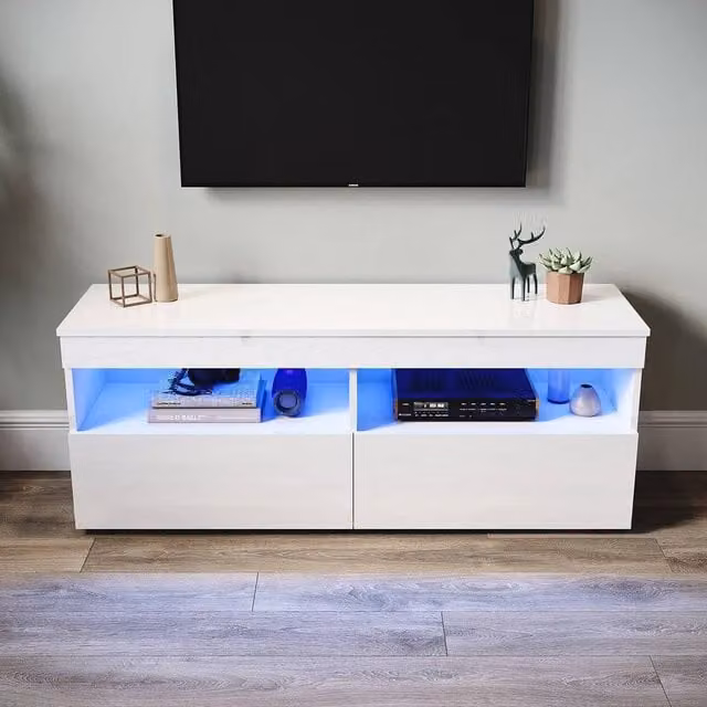 ERGOVEXA Modern White Glossy LED TV Stand Unit with 2 Doors and Integrated Lighting