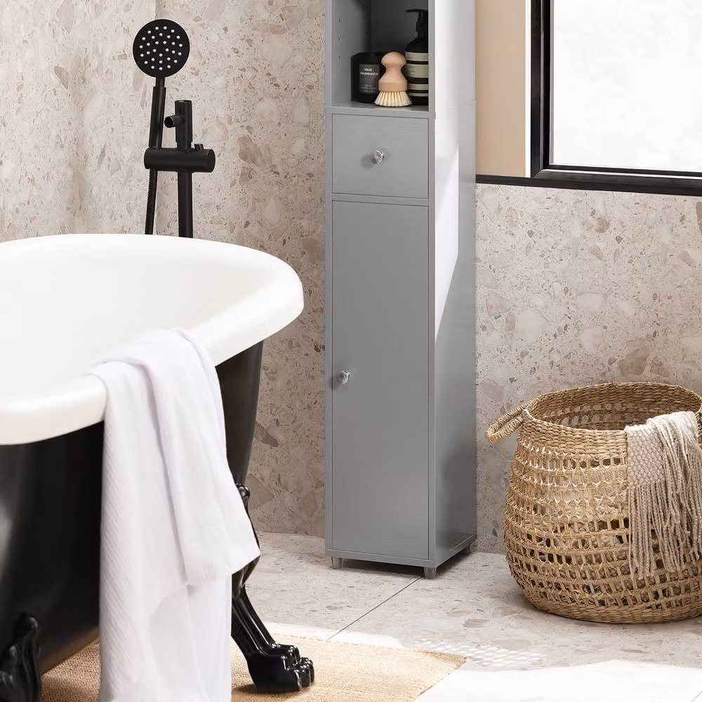 SoBuy Slim Tall Bathroom Cabinet in Light Grey, Modern MDF Storage Unit with Hinged Doors and Internal Shelves, Height: 180 cm – 3