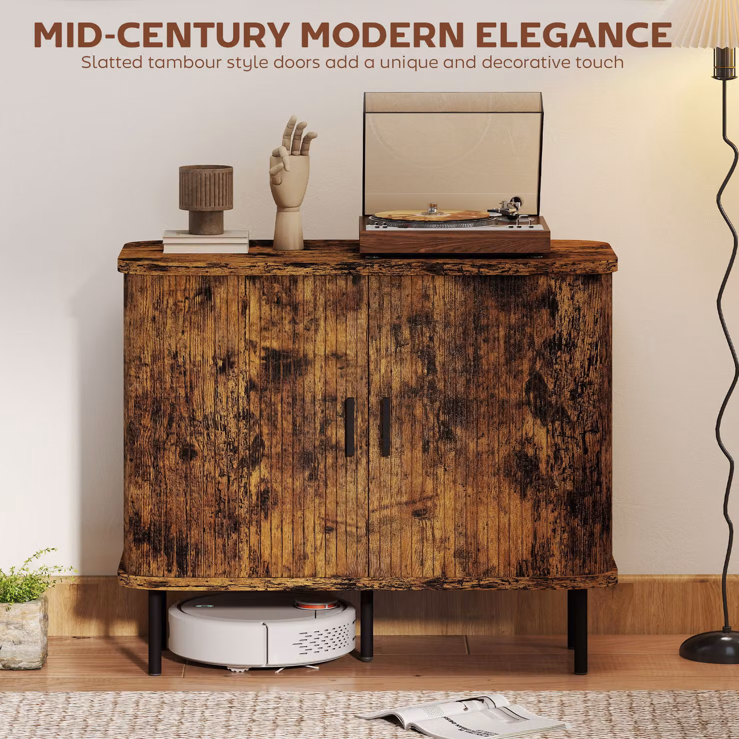 HOMCOM Mid-Century Sideboard Cabinet and Accent Console with Tambour Doors in Rustic Brown – 2