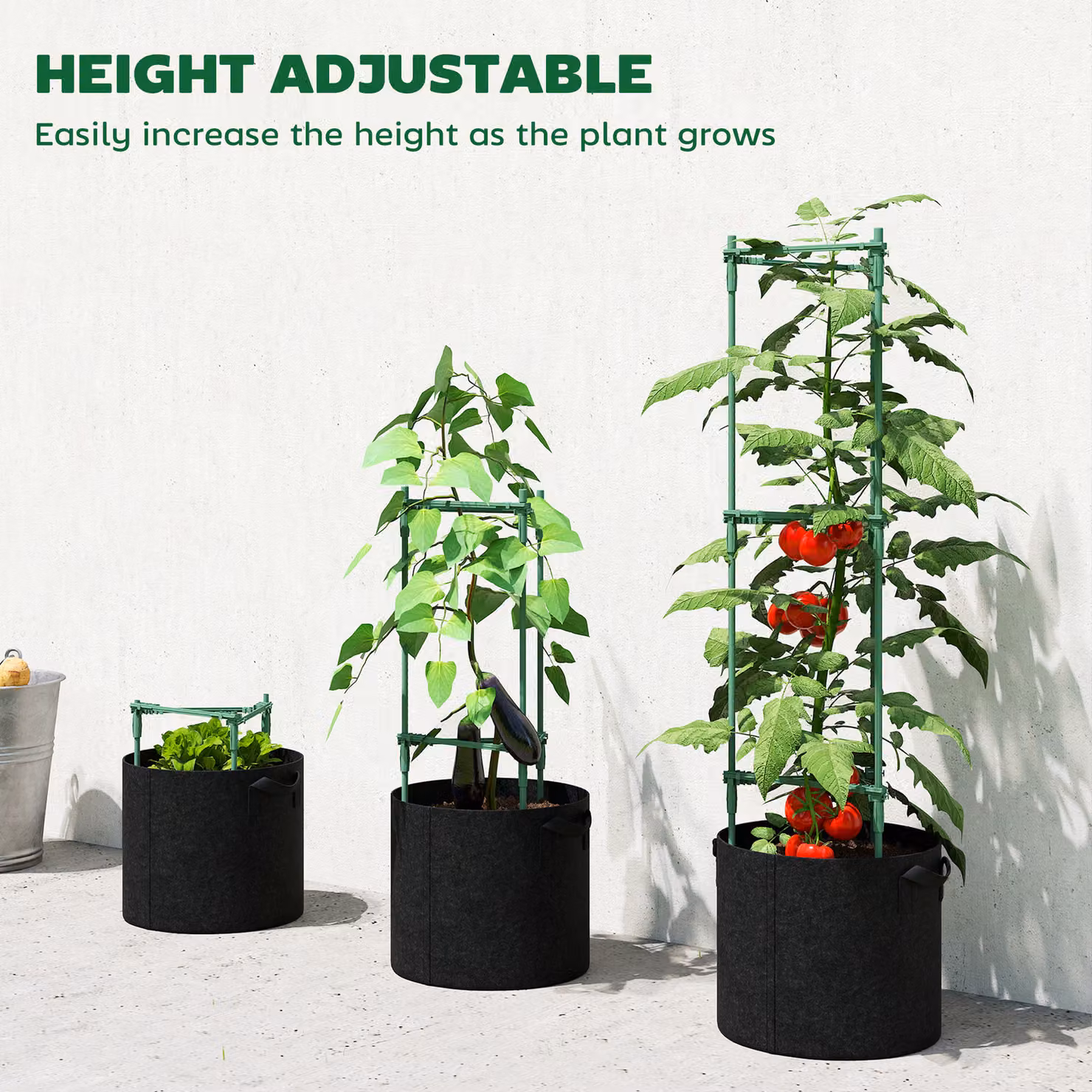 Outsunny 3 Pack Tomato Cages with 83.7L Grow Bags and 120cm Adjustable Triangle Plant Stakes Support Trellis – 5