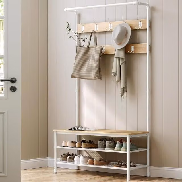 VASAGLE Industrial Hall Tree with Bench, Hooks and Hanging Rail in White – 1