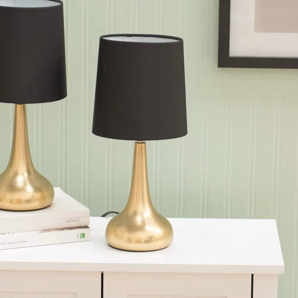 ValueLights Teardrop Pair of Black Bedside Touch Table Lamps with Brushed Gold Fabric Shades – 5