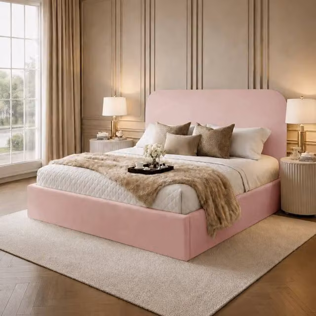 Desire Deco Lucia Upholstered Plush Velvet Panel Bed Frame in Pink, Super King Size (200 x 200 cm)