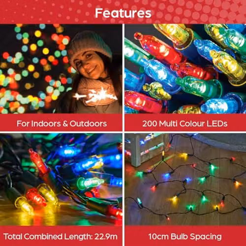 The Christmas Workshop 200 LED Multicoloured Static Fairy Lights, 22.9m Length, for Indoor and Outdoor Use – 3